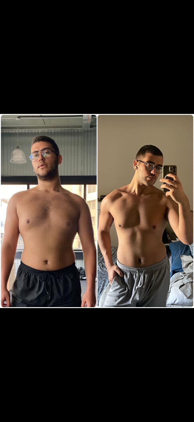 Two side-by-side images of a shirtless man taking a mirror selfie indoors.