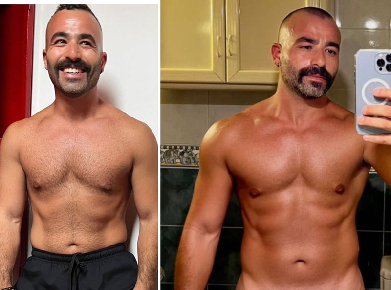 Side-by-side comparison of a man in a bathroom and kitchen, both shirtless.