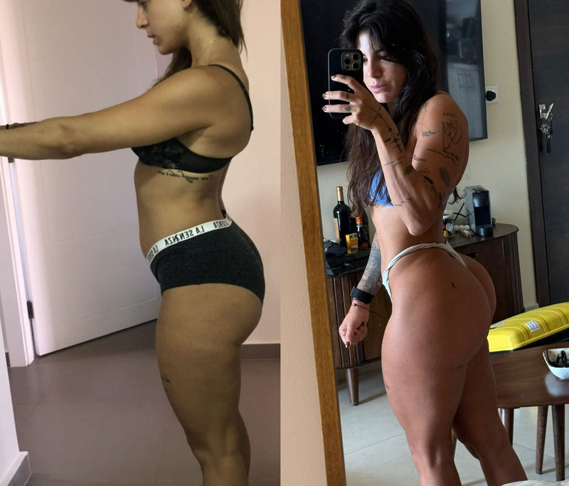 Before and after transformation of a person in a room setting.