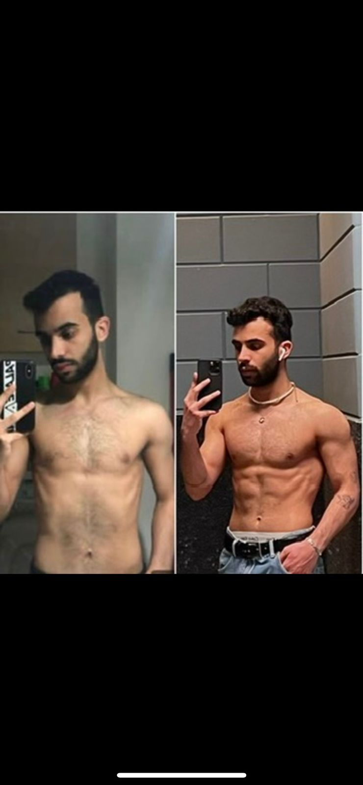 Side-by-side comparison of a man taking a mirror selfie in two different settings.