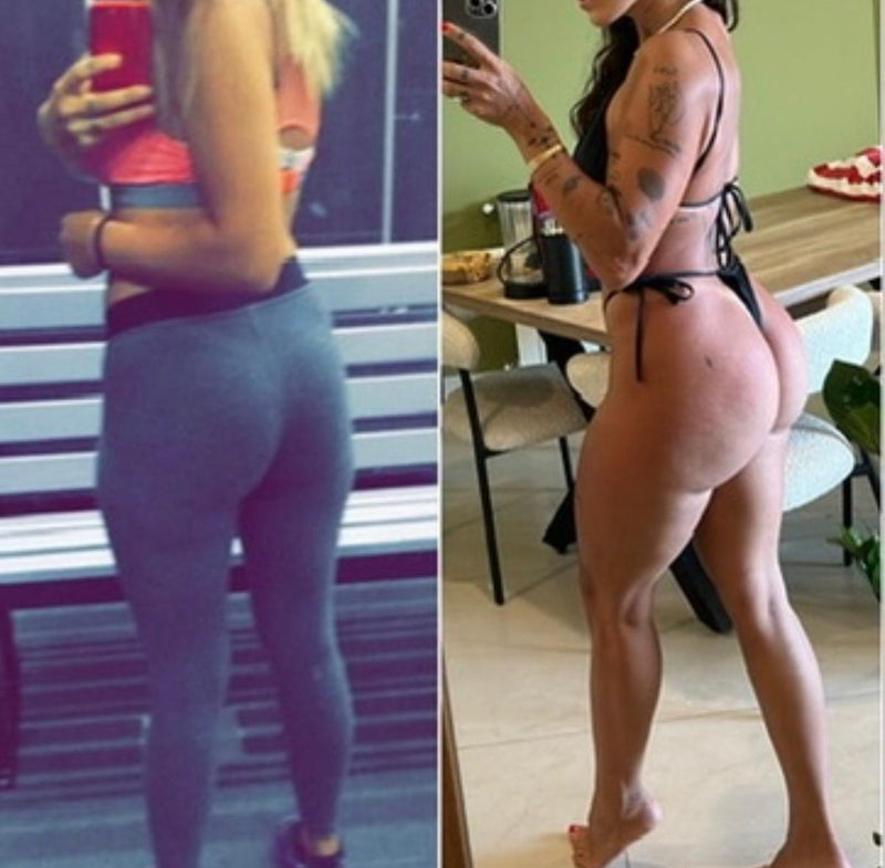 Two images side by side on a smartphone screen, one showing a person in a blue outfit and the other in a pink outfit.